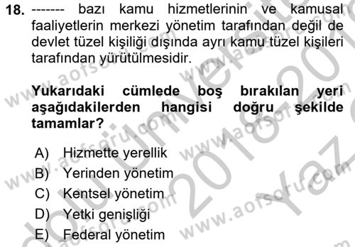 Yurttaşlık ve Çevre Bilgisi Dersi 2018 - 2019 Yılı Yaz Okulu Sınav Soruları 18. Soru