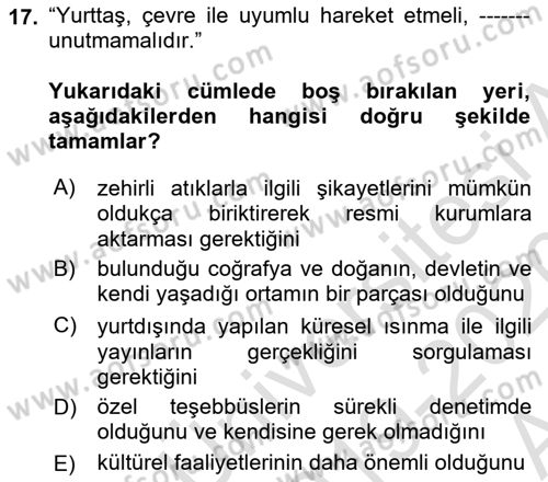 Yurttaşlık ve Çevre Bilgisi Dersi Ara Sınavı Deneme Sınav Soruları 17. Soru