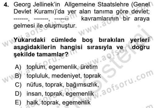 Yurttaşlık ve Çevre Bilgisi Dersi Ara Sınavı Deneme Sınav Soruları 4. Soru