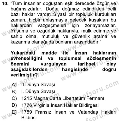 Yurttaşlık ve Çevre Bilgisi Dersi Ara Sınavı Deneme Sınav Soruları 10. Soru