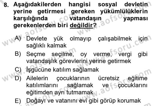 Yurttaşlık ve Çevre Bilgisi Dersi 2022 - 2023 Yılı (Final) Dönem Sonu Sınav Soruları 8. Soru