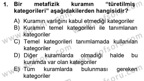 Metafizik Dersi 2012 - 2013 Yılı (Vize) Ara Sınav Soruları 1. Soru