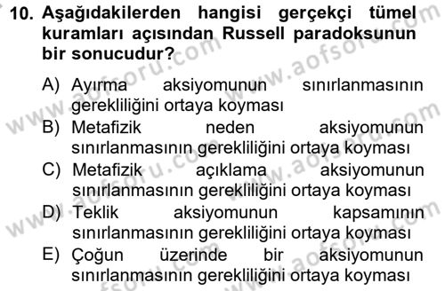 Metafizik Dersi 2012 - 2013 Yılı (Vize) Ara Sınav Soruları 10. Soru