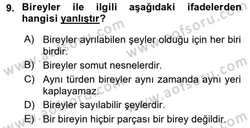 Metafizik Dersi 2015 - 2016 Yılı (Final) Dönem Sonu Sınav Soruları 9. Soru