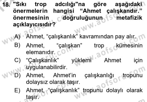 Metafizik Dersi 2016 - 2017 Yılı (Vize) Ara Sınav Soruları 18. Soru