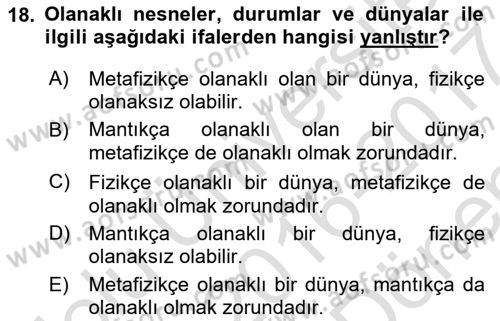 Metafizik Dersi 2016 - 2017 Yılı (Final) Dönem Sonu Sınav Soruları 18. Soru