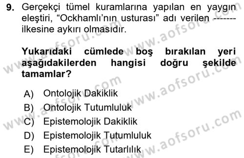 Metafizik Dersi 2017 - 2018 Yılı (Vize) Ara Sınav Soruları 9. Soru