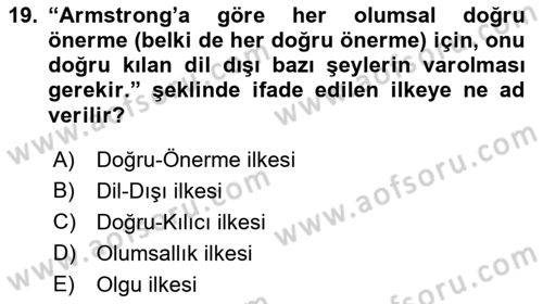 Metafizik Dersi 2018 - 2019 Yılı (Final) Dönem Sonu Sınav Soruları 19. Soru