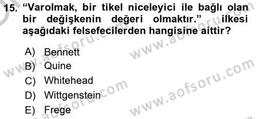 Metafizik Dersi 2018 - 2019 Yılı Yaz Okulu Sınav Soruları 15. Soru