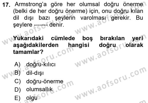 Metafizik Dersi 2018 - 2019 Yılı Yaz Okulu Sınav Soruları 17. Soru