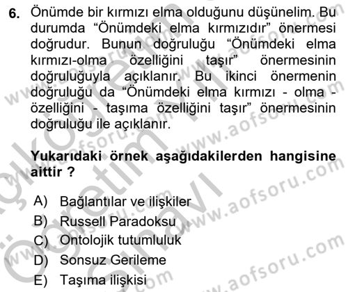 Metafizik Dersi 2018 - 2019 Yılı Yaz Okulu Sınav Soruları 6. Soru