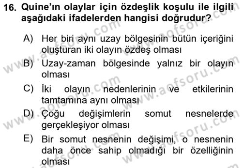 Metafizik Dersi 2020 - 2021 Yılı Yaz Okulu Sınav Soruları 16. Soru