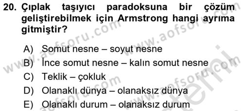 Metafizik Dersi 2020 - 2021 Yılı Yaz Okulu Sınav Soruları 20. Soru