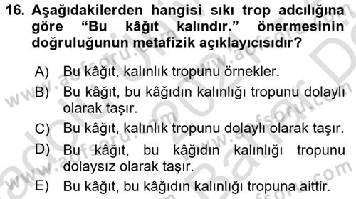 Metafizik Dersi 2021 - 2022 Yılı (Vize) Ara Sınav Soruları 16. Soru