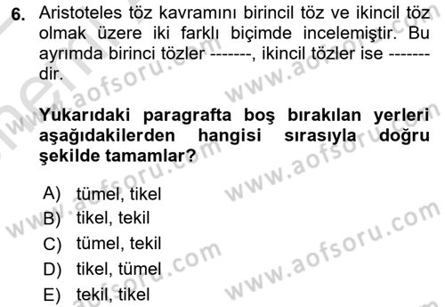 Metafizik Dersi 2021 - 2022 Yılı (Vize) Ara Sınav Soruları 6. Soru