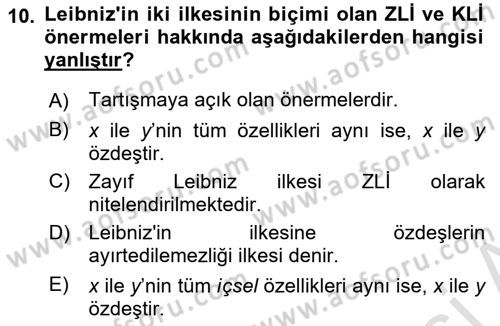 Metafizik Dersi 2021 - 2022 Yılı (Final) Dönem Sonu Sınav Soruları 10. Soru