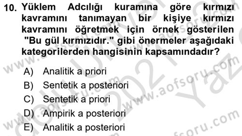 Metafizik Dersi 2021 - 2022 Yılı Yaz Okulu Sınav Soruları 10. Soru