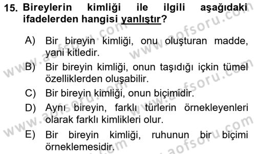 Metafizik Dersi 2021 - 2022 Yılı Yaz Okulu Sınav Soruları 15. Soru