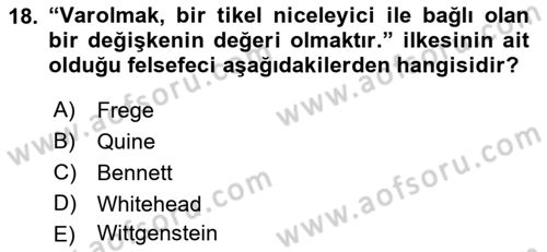 Metafizik Dersi 2021 - 2022 Yılı Yaz Okulu Sınav Soruları 18. Soru