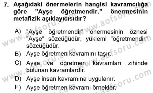 Metafizik Dersi 2021 - 2022 Yılı Yaz Okulu Sınav Soruları 7. Soru