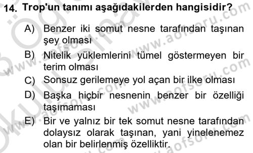 Metafizik Dersi 2022 - 2023 Yılı Yaz Okulu Sınav Soruları 14. Soru