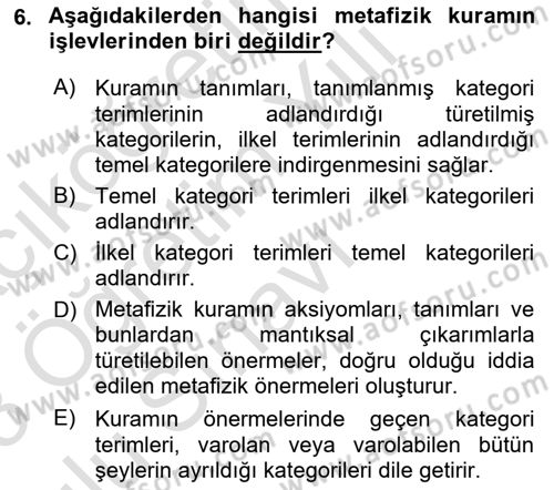 Metafizik Dersi 2022 - 2023 Yılı Yaz Okulu Sınav Soruları 6. Soru