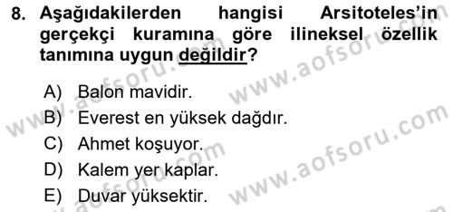 Metafizik Dersi 2022 - 2023 Yılı Yaz Okulu Sınav Soruları 8. Soru