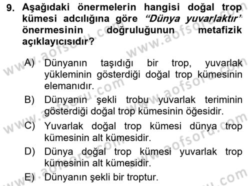 Metafizik Dersi 2022 - 2023 Yılı Yaz Okulu Sınav Soruları 9. Soru