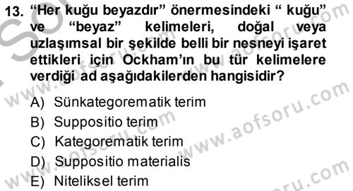 Ortaçağ Felsefesi 1 Dersi 2014 - 2015 Yılı (Final) Dönem Sonu Sınav Soruları 13. Soru