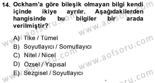 Ortaçağ Felsefesi 1 Dersi 2014 - 2015 Yılı (Final) Dönem Sonu Sınav Soruları 14. Soru