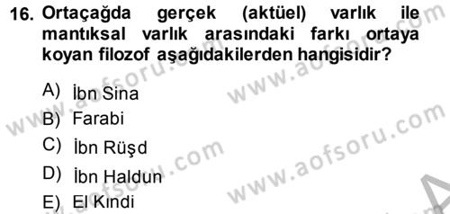 Ortaçağ Felsefesi 1 Dersi 2014 - 2015 Yılı (Final) Dönem Sonu Sınav Soruları 16. Soru