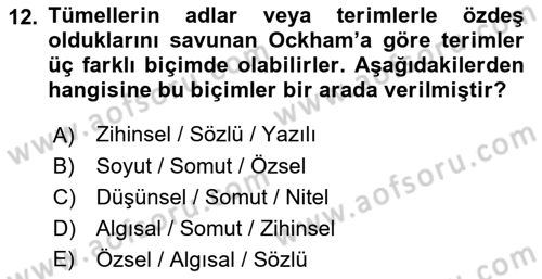 Ortaçağ Felsefesi 1 Dersi 2016 - 2017 Yılı (Final) Dönem Sonu Sınav Soruları 12. Soru