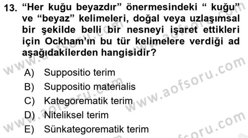 Ortaçağ Felsefesi 1 Dersi 2016 - 2017 Yılı (Final) Dönem Sonu Sınav Soruları 13. Soru