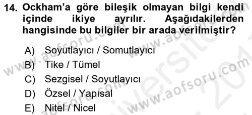 Ortaçağ Felsefesi 1 Dersi 2016 - 2017 Yılı (Final) Dönem Sonu Sınav Soruları 14. Soru