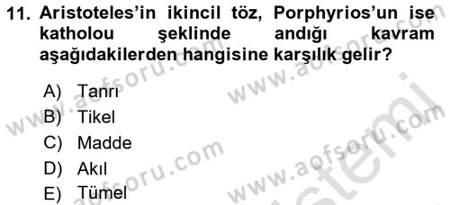 Ortaçağ Felsefesi 1 Dersi Ara Sınavı Deneme Sınav Soruları 11. Soru