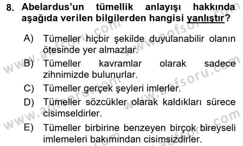Ortaçağ Felsefesi 1 Dersi 2017 - 2018 Yılı (Vize) Ara Sınav Soruları 8. Soru