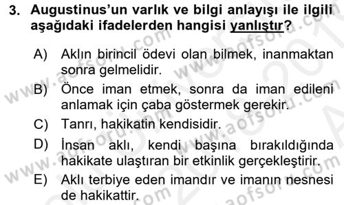 Ortaçağ Felsefesi 1 Dersi 2018 - 2019 Yılı (Vize) Ara Sınav Soruları 3. Soru