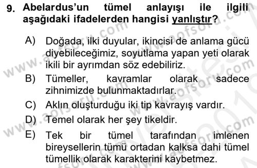 Ortaçağ Felsefesi 1 Dersi 2018 - 2019 Yılı (Vize) Ara Sınav Soruları 9. Soru