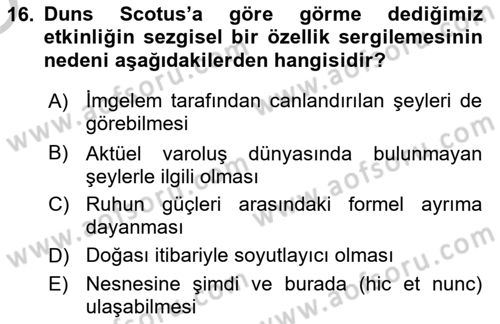 Ortaçağ Felsefesi 1 Dersi 2018 - 2019 Yılı Yaz Okulu Sınav Soruları 16. Soru