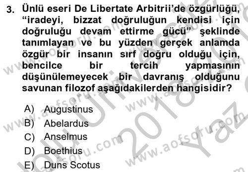 Ortaçağ Felsefesi 1 Dersi 2018 - 2019 Yılı Yaz Okulu Sınav Soruları 3. Soru