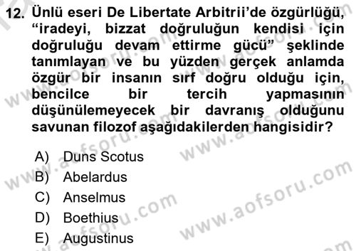 Ortaçağ Felsefesi 1 Dersi 2019 - 2020 Yılı (Vize) Ara Sınav Soruları 12. Soru