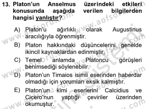 Ortaçağ Felsefesi 1 Dersi 2019 - 2020 Yılı (Vize) Ara Sınav Soruları 13. Soru