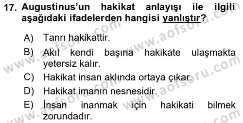Ortaçağ Felsefesi 1 Dersi 2019 - 2020 Yılı (Vize) Ara Sınav Soruları 17. Soru