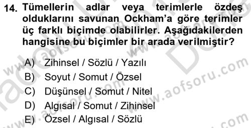 Ortaçağ Felsefesi 1 Dersi 2019 - 2020 Yılı (Final) Dönem Sonu Sınav Soruları 14. Soru
