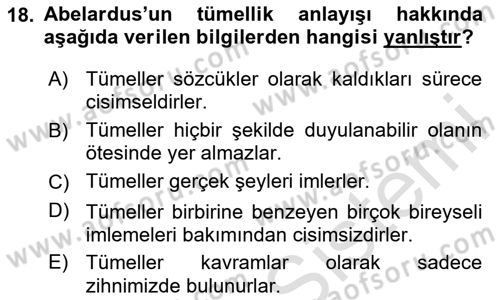 Ortaçağ Felsefesi 1 Dersi 2020 - 2021 Yılı Yaz Okulu Sınav Soruları 18. Soru