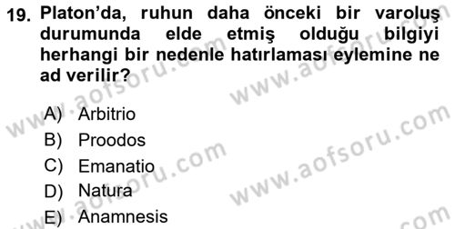 Ortaçağ Felsefesi 1 Dersi 2021 - 2022 Yılı (Final) Dönem Sonu Sınav Soruları 19. Soru
