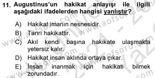 Ortaçağ Felsefesi 1 Dersi 2021 - 2022 Yılı Yaz Okulu Sınav Soruları 11. Soru