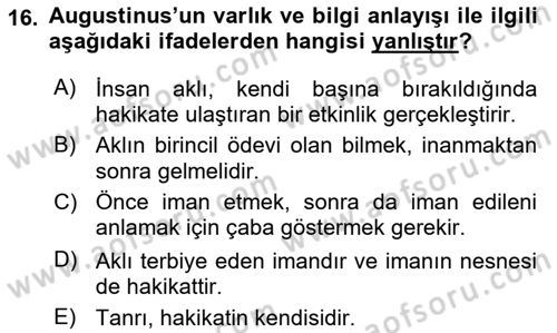 Ortaçağ Felsefesi 1 Dersi 2021 - 2022 Yılı Yaz Okulu Sınav Soruları 16. Soru