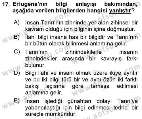 Ortaçağ Felsefesi 1 Dersi 2021 - 2022 Yılı Yaz Okulu Sınav Soruları 17. Soru