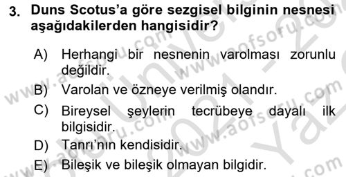 Ortaçağ Felsefesi 1 Dersi 2021 - 2022 Yılı Yaz Okulu Sınav Soruları 3. Soru